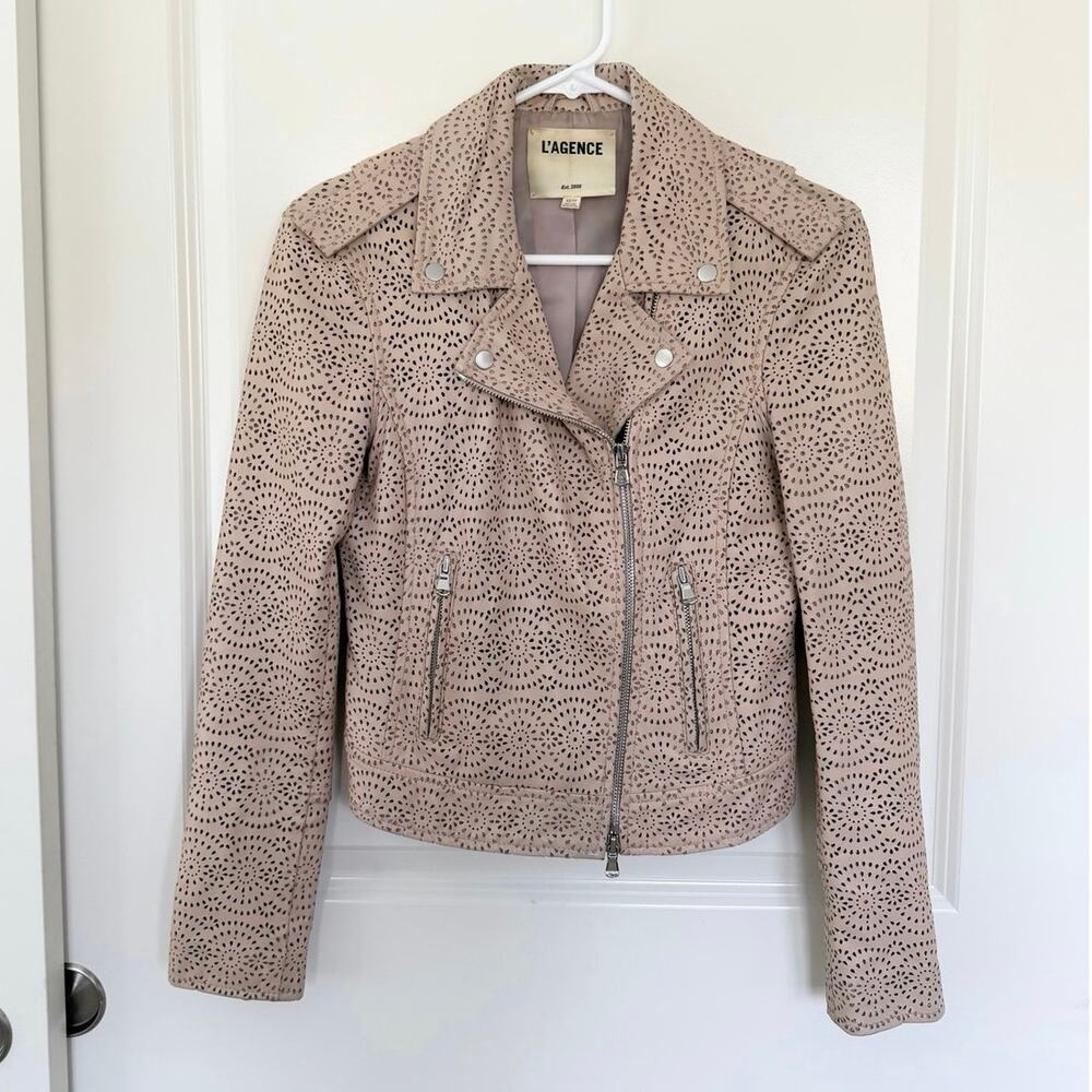 L’AGENCE Ryder Laser Cut Lamb Leather Moto Jacket Beige Tan XS